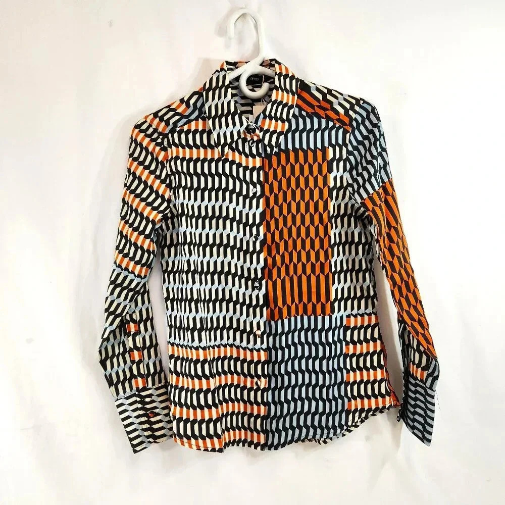 Mango Geometric Print Point Collar Shirt Size XS NWT